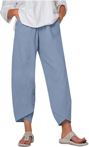 YRAETENM Womens Linen Pants Casual High Waisted Drawstring Elastic Trousers Loose Fit Straight Leg Capris Pants with Pockets