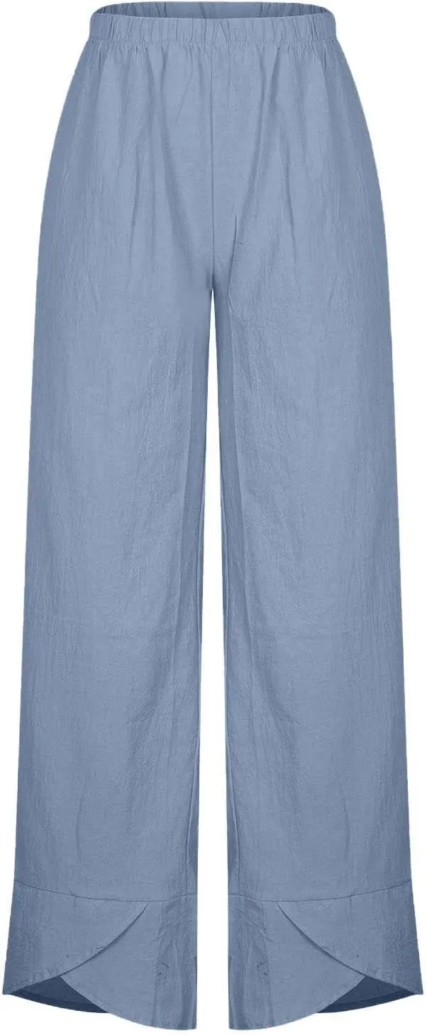 YRAETENM Womens Linen Pants Casual High Waisted Drawstring Elastic Trousers Loose Fit Straight Leg Capris Pants with Pockets