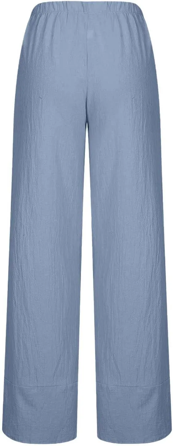 YRAETENM Womens Linen Pants Casual High Waisted Drawstring Elastic Trousers Loose Fit Straight Leg Capris Pants with Pockets