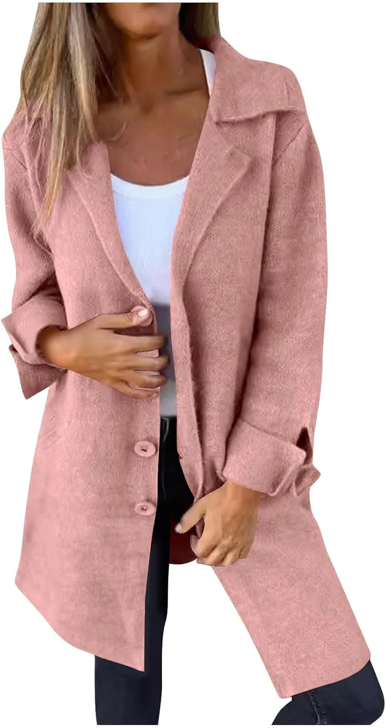 YRAETENM Womens Long Cardigan Sweaters Oversized Lapel Collar Wool Blend Jackets Casual Lightweight Mid Length Trench Coats