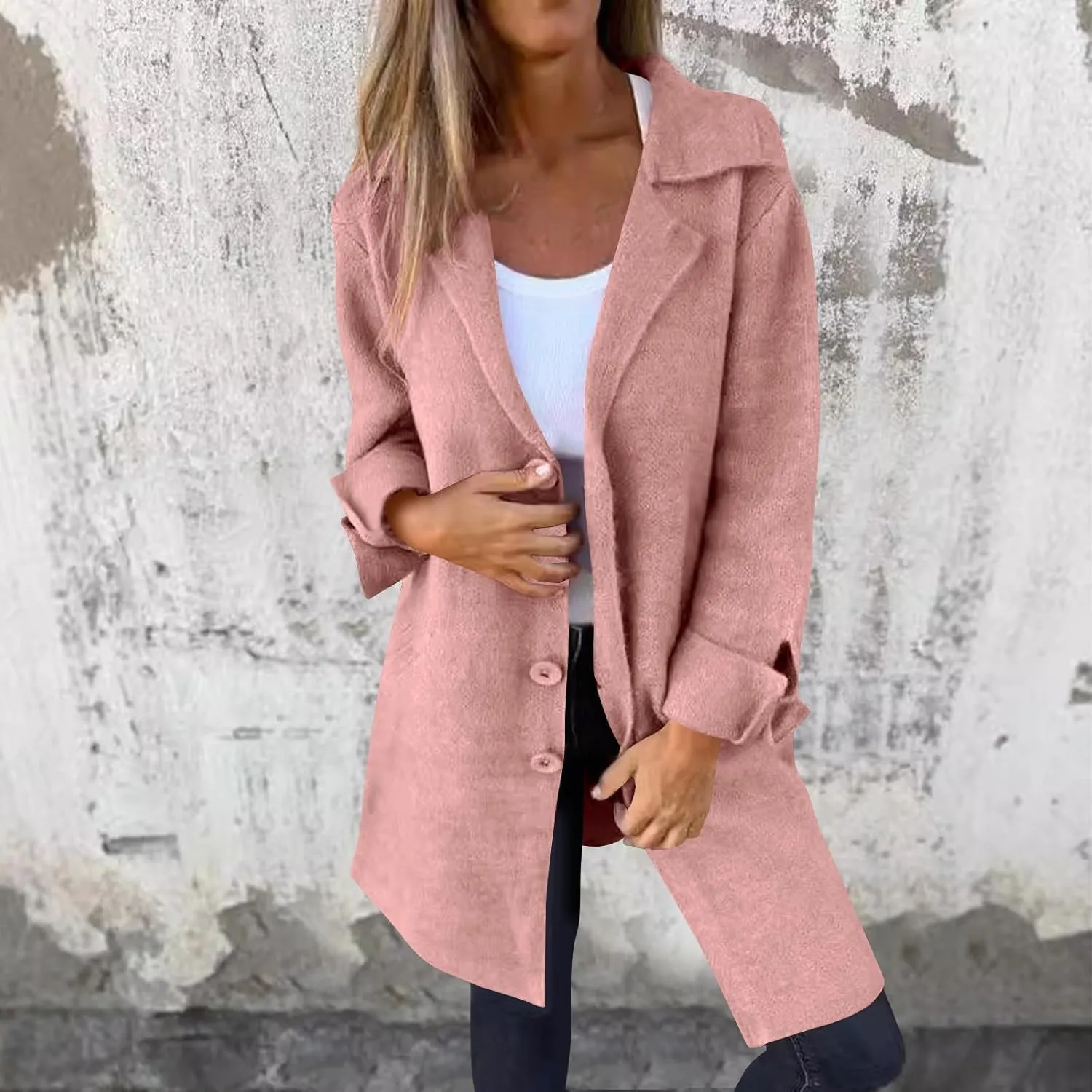 YRAETENM Womens Long Cardigan Sweaters Oversized Lapel Collar Wool Blend Jackets Casual Lightweight Mid Length Trench Coats