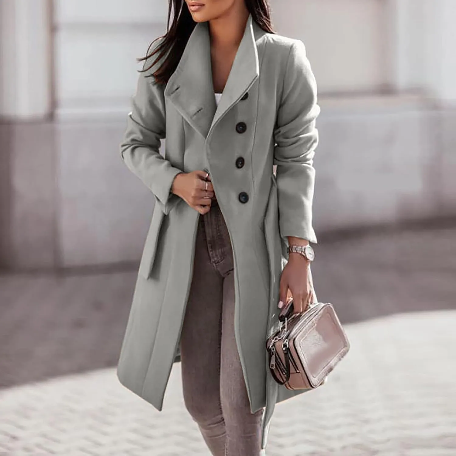 YRAETENM Womens Long Wool Coat Single Breasted Shawl Collar Trench Coat Classic Warm Jacket Fall Winter Pea Coat with Belt