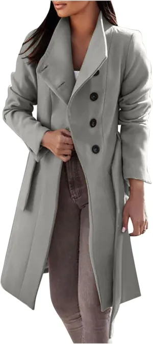 YRAETENM Womens Long Wool Coat Single Breasted Shawl Collar Trench Coat Classic Warm Jacket Fall Winter Pea Coat with Belt