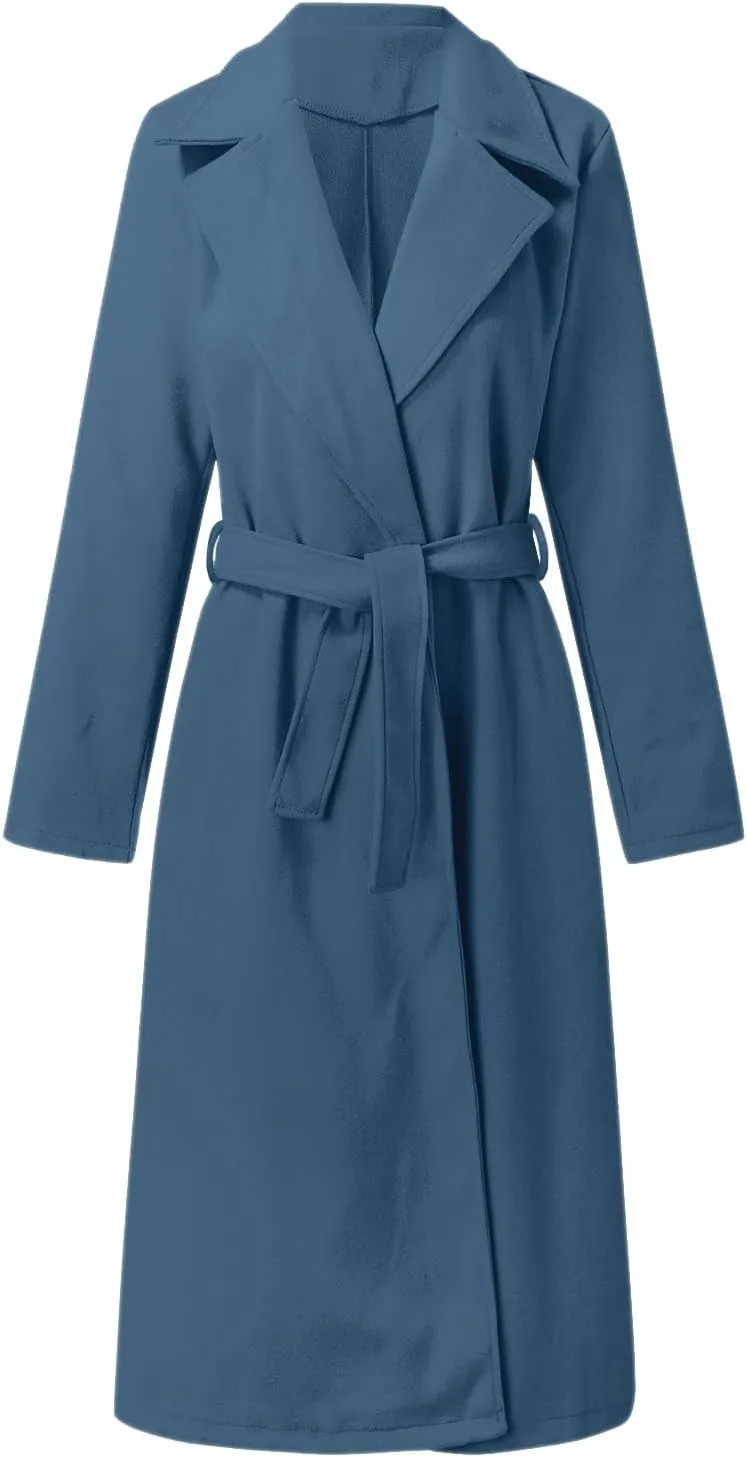 YRAETENM Women's Trench Coat Notch Lapel Collar Pea Coat Long Sleeve Wrap Coat Casual Fall Winter Long Overcoat with Belt