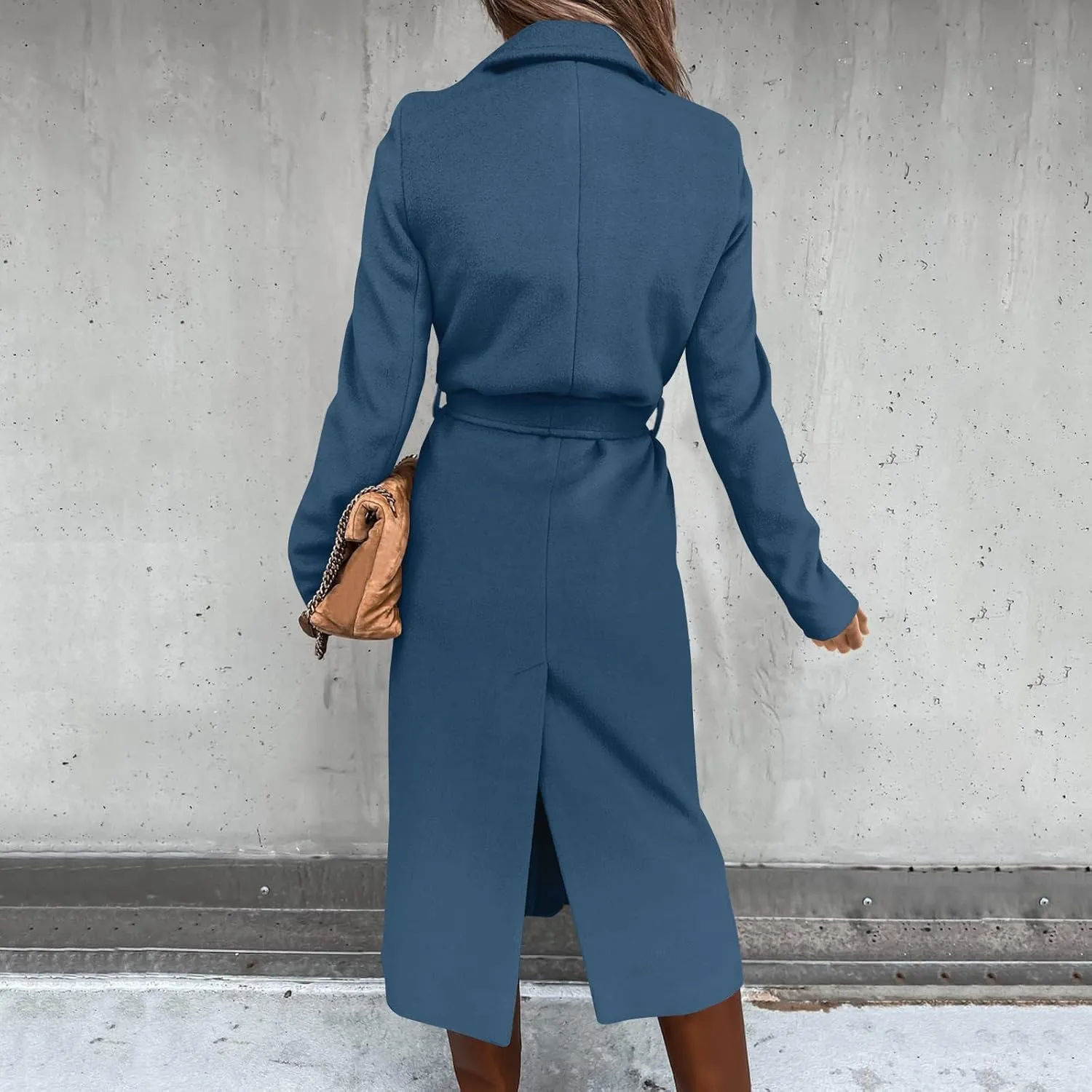 YRAETENM Women's Trench Coat Notch Lapel Collar Pea Coat Long Sleeve Wrap Coat Casual Fall Winter Long Overcoat with Belt