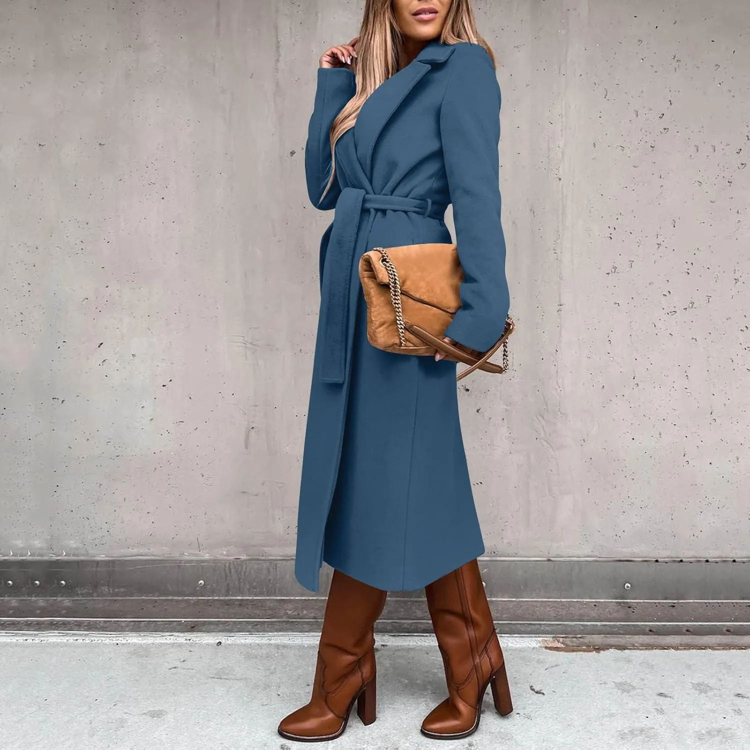 YRAETENM Women's Trench Coat Notch Lapel Collar Pea Coat Long Sleeve Wrap Coat Casual Fall Winter Long Overcoat with Belt