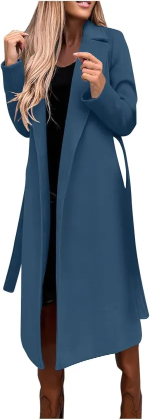 YRAETENM Women's Trench Coat Notch Lapel Collar Pea Coat Long Sleeve Wrap Coat Casual Fall Winter Long Overcoat with Belt