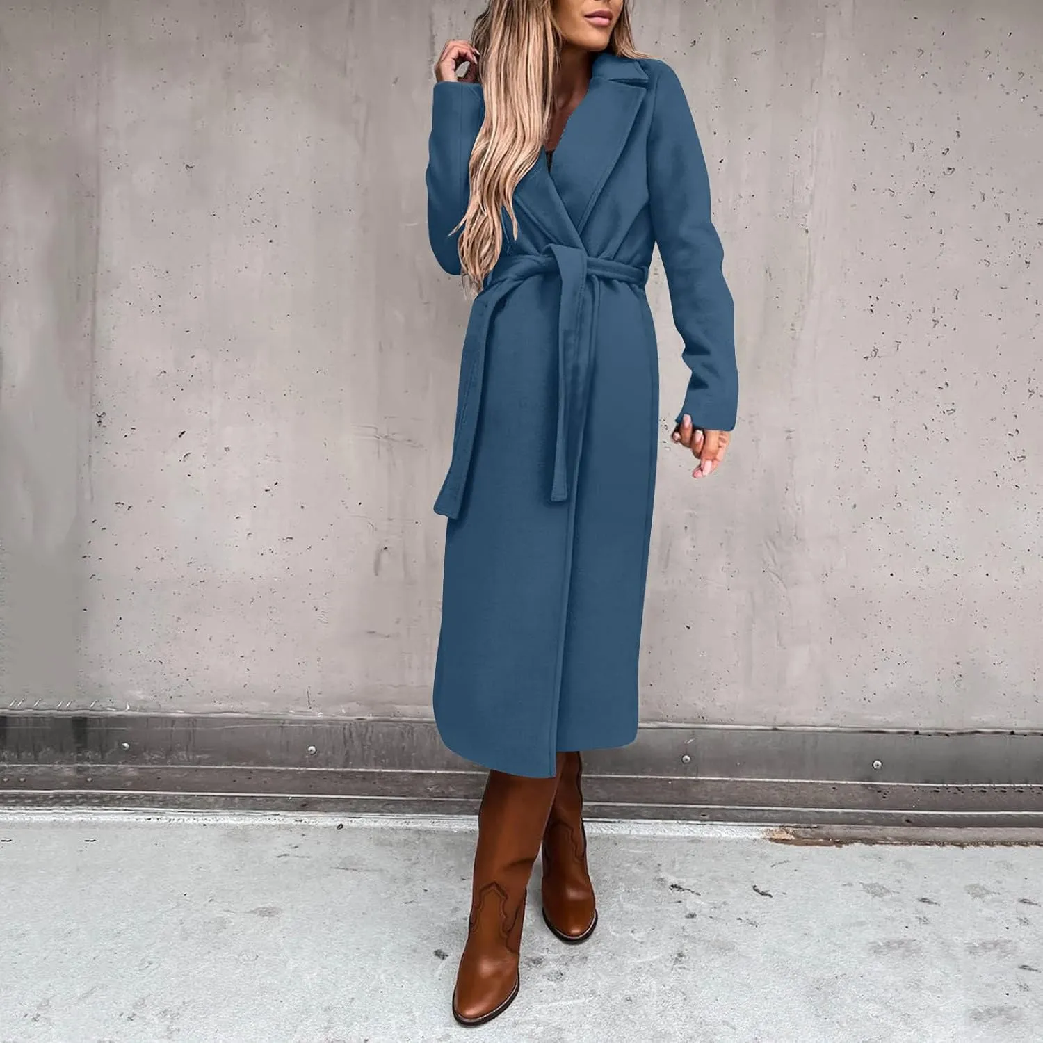 YRAETENM Women's Trench Coat Notch Lapel Collar Pea Coat Long Sleeve Wrap Coat Casual Fall Winter Long Overcoat with Belt