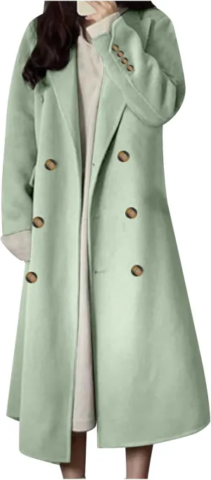 YRAETENM Women's Winter Casual Double Breasted Mid Long Wool Coat Oversized Warm Notched Lapel Business Trench Coats Outwear