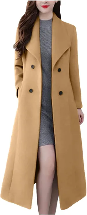 YRAETENM Women's Winter Casual Double Breasted Mid Long Wool Coat Oversized Warm Notched Lapel Business Trench Coats Outwear