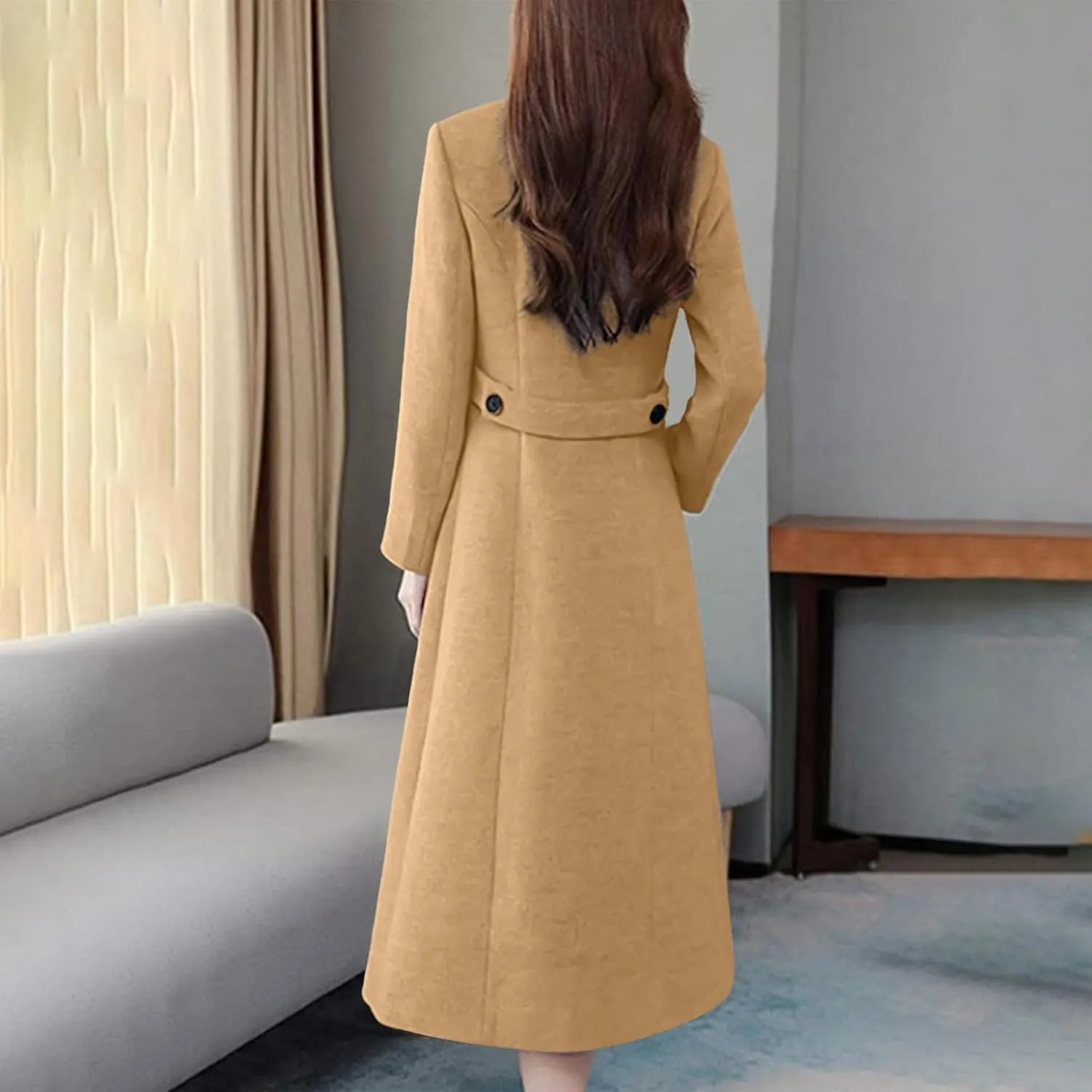 YRAETENM Women's Winter Casual Double Breasted Mid Long Wool Coat Oversized Warm Notched Lapel Business Trench Coats Outwear