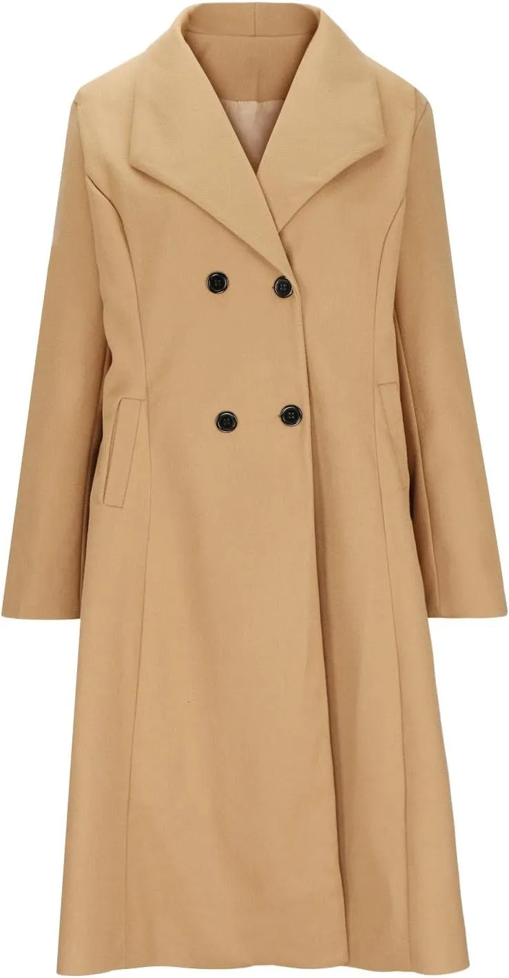 YRAETENM Women's Winter Casual Double Breasted Mid Long Wool Coat Oversized Warm Notched Lapel Business Trench Coats Outwear