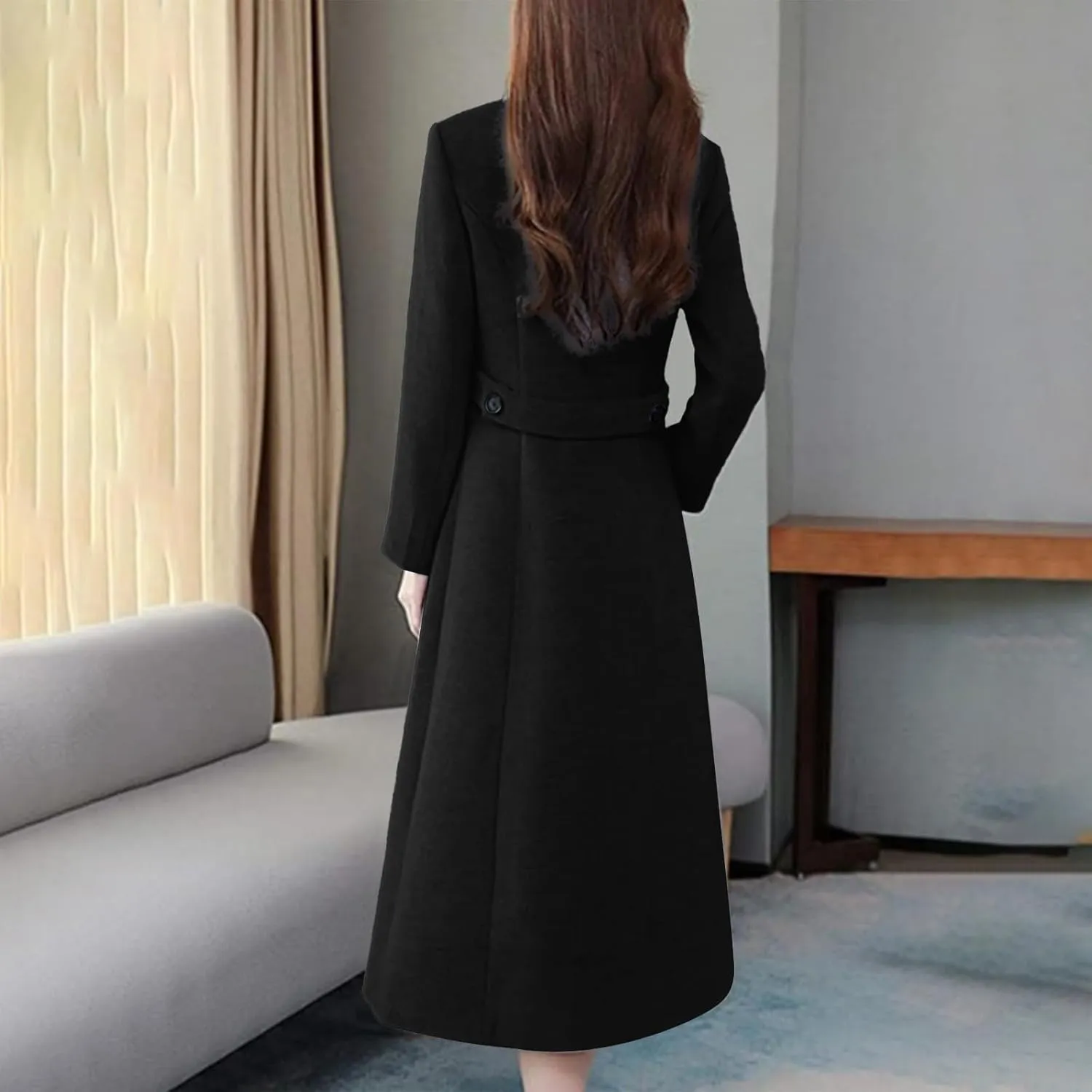 YRAETENM Women's Winter Casual Double Breasted Mid Long Wool Coat Oversized Warm Notched Lapel Business Trench Coats Outwear