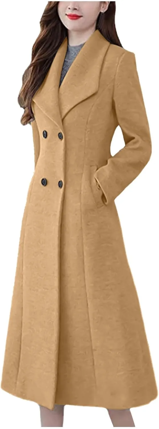 YRAETENM Women's Winter Casual Double Breasted Mid Long Wool Coat Oversized Warm Notched Lapel Business Trench Coats Outwear