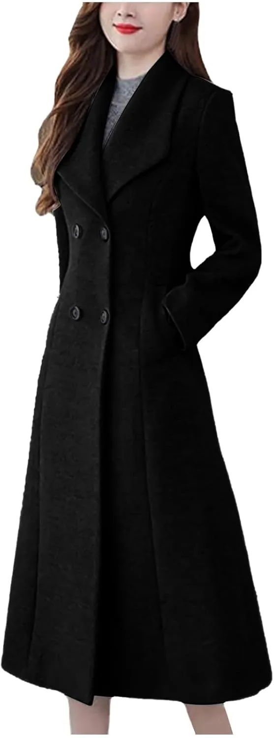 YRAETENM Women's Winter Casual Double Breasted Mid Long Wool Coat Oversized Warm Notched Lapel Business Trench Coats Outwear