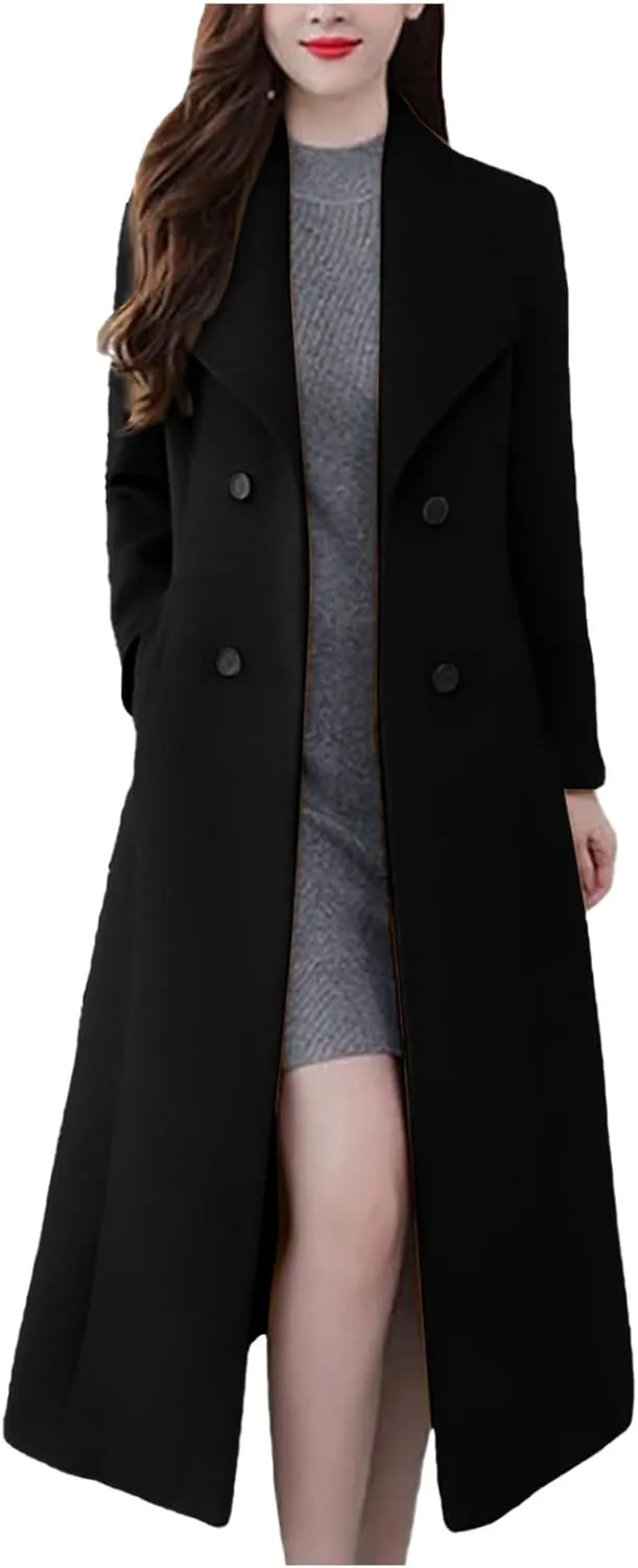 YRAETENM Women's Winter Casual Double Breasted Mid Long Wool Coat Oversized Warm Notched Lapel Business Trench Coats Outwear