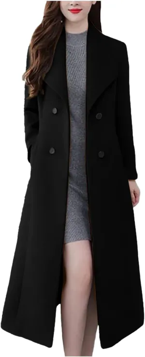 YRAETENM Women's Winter Casual Double Breasted Mid Long Wool Coat Oversized Warm Notched Lapel Business Trench Coats Outwear