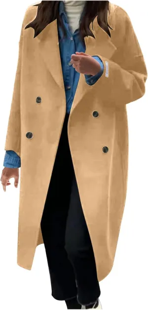 YRAETENM Women's Winter Double Breasted Wool Coat Oversized Notch Lapel Midi Long Pea Coats Dressy Casual Warm Trench Coat