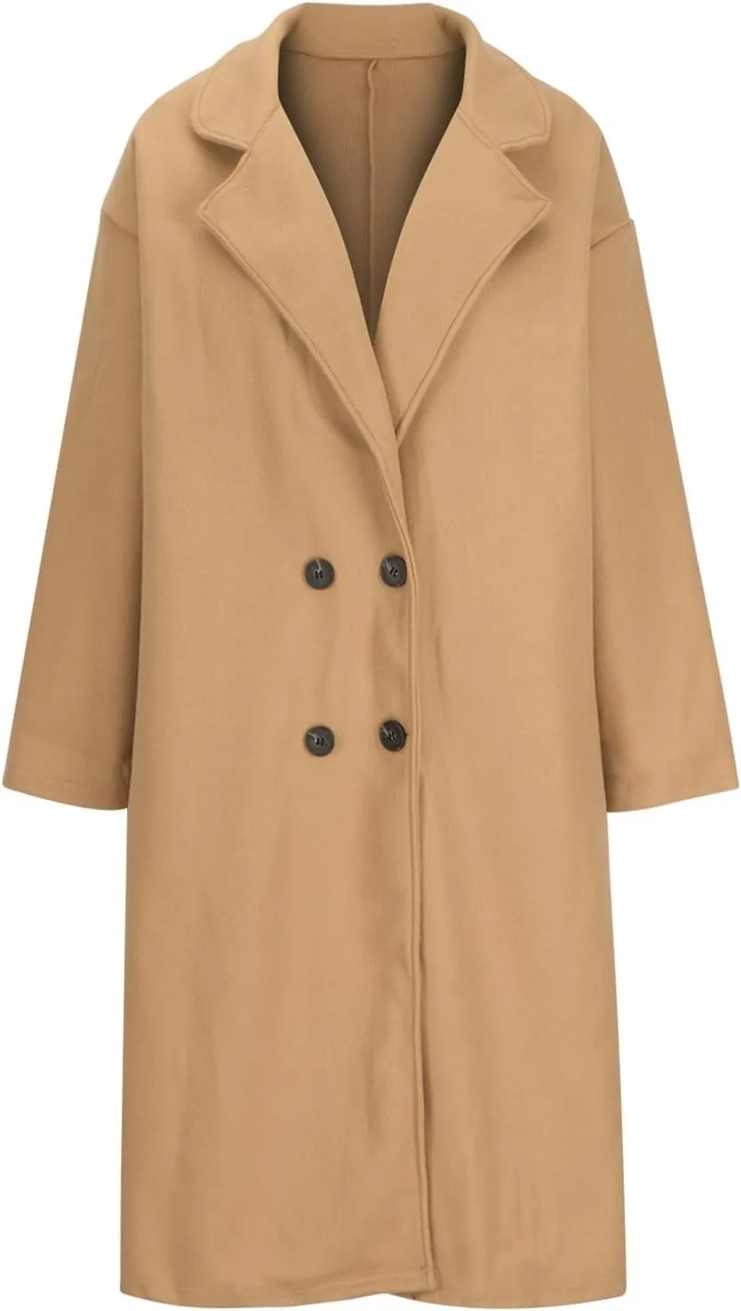 YRAETENM Women's Winter Double Breasted Wool Coat Oversized Notch Lapel Midi Long Pea Coats Dressy Casual Warm Trench Coat