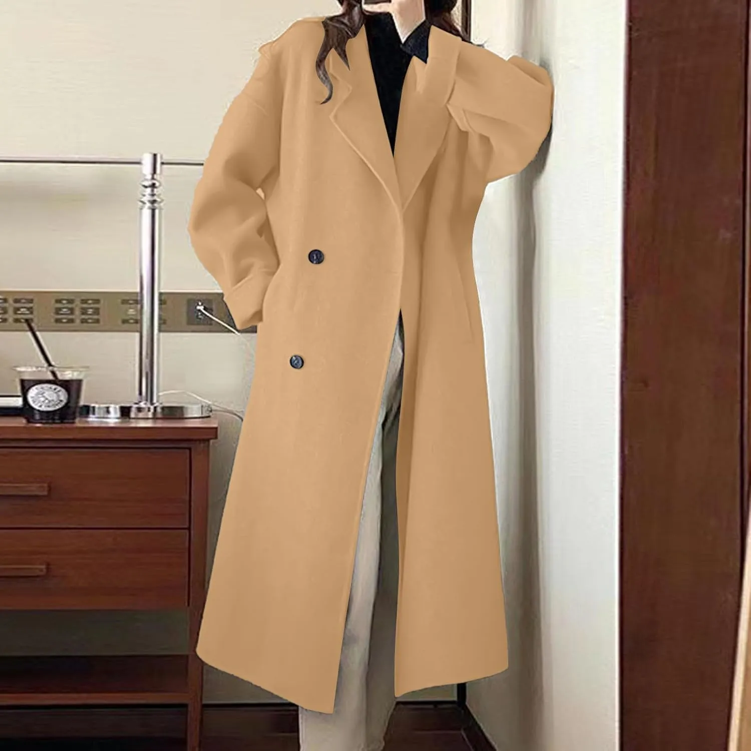YRAETENM Women's Winter Double Breasted Wool Coat Oversized Notch Lapel Midi Long Pea Coats Dressy Casual Warm Trench Coat