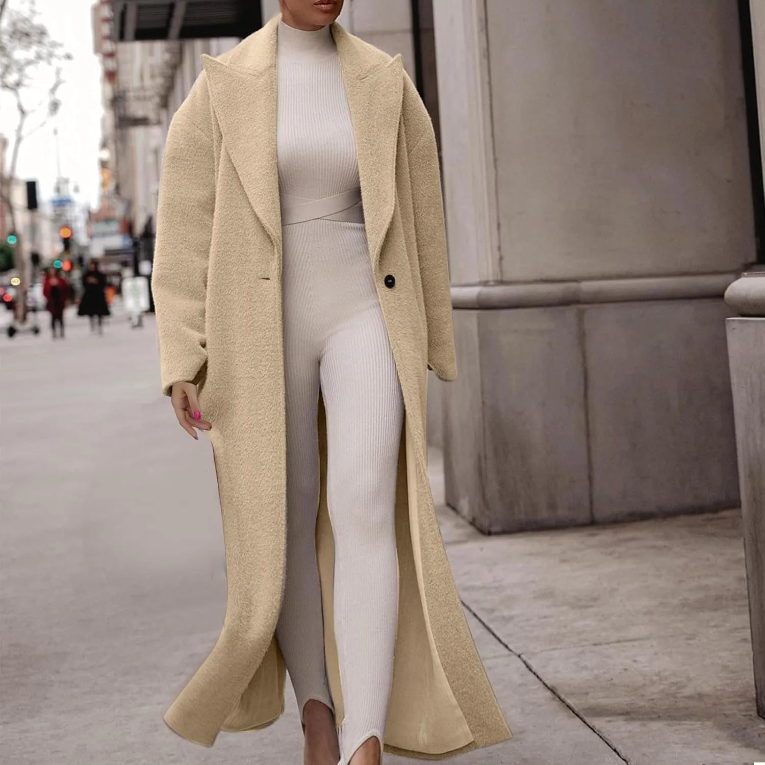 YRAETENM Women's Wool Blend Coat Oversized Notch Lapel Ankle Length Business Pea Coats Casual Open Front Winter Trench Coats