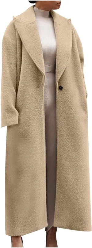 YRAETENM Women's Wool Blend Coat Oversized Notch Lapel Ankle Length Business Pea Coats Casual Open Front Winter Trench Coats