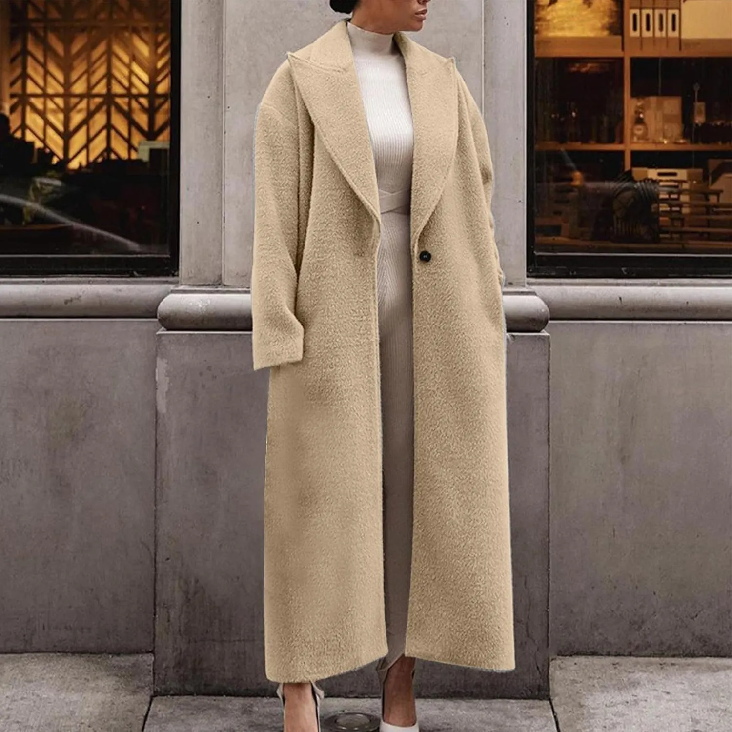 YRAETENM Women's Wool Blend Coat Oversized Notch Lapel Ankle Length Business Pea Coats Casual Open Front Winter Trench Coats