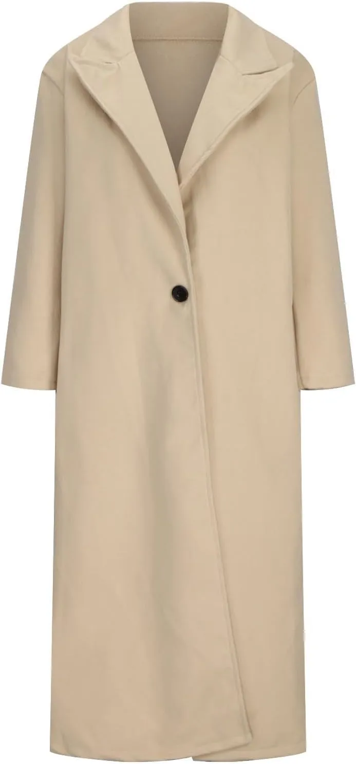 YRAETENM Women's Wool Blend Coat Oversized Notch Lapel Ankle Length Business Pea Coats Casual Open Front Winter Trench Coats