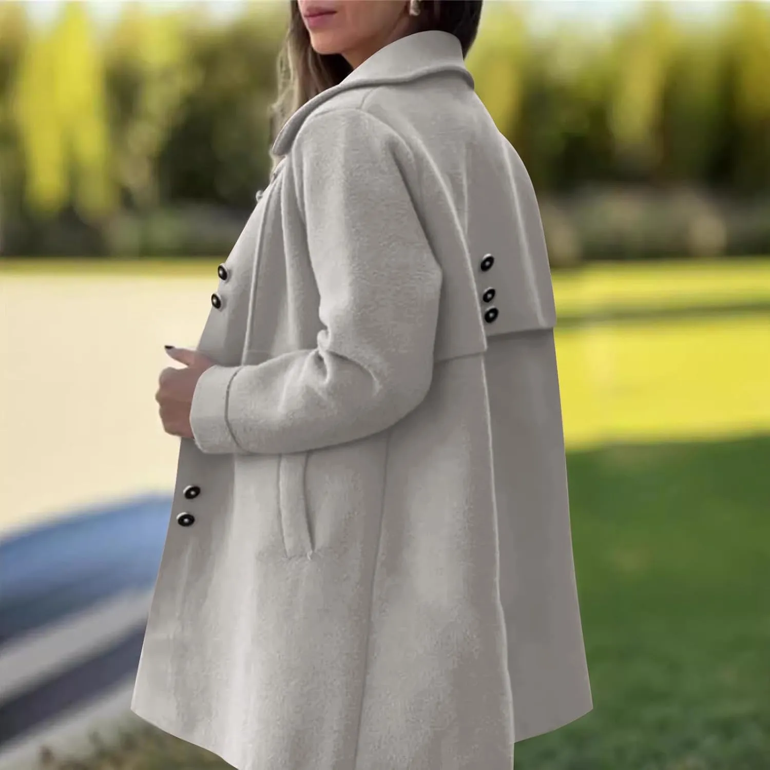 YRAETENM Womens Wool Coat Fall Winter Double Breasted Trench Coat Casual Woolen Blazer Jackets Business Mid Length Pea Coats