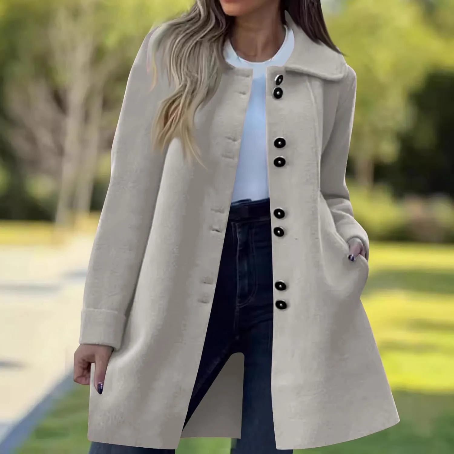 YRAETENM Womens Wool Coat Fall Winter Double Breasted Trench Coat Casual Woolen Blazer Jackets Business Mid Length Pea Coats