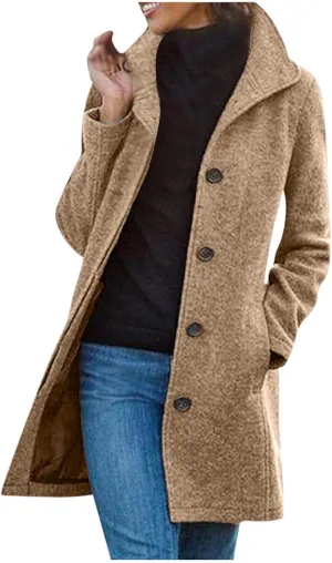 YRAETENM Wool Coats for Women Casual Thicken Stand Collar Single Breasted Pea Coat Fall Winter Mid-Length Overcoat Outerwear