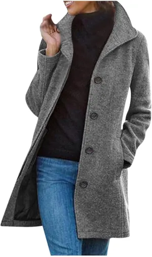YRAETENM Wool Coats for Women Casual Thicken Stand Collar Single Breasted Pea Coat Fall Winter Mid-Length Overcoat Outerwear
