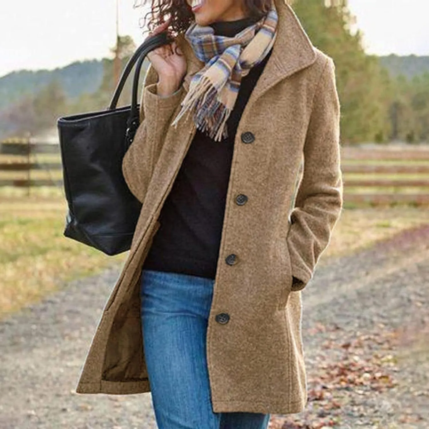 YRAETENM Wool Coats for Women Casual Thicken Stand Collar Single Breasted Pea Coat Fall Winter Mid-Length Overcoat Outerwear