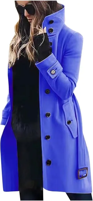 YRAETENM Wool Coats for Women Single Breasted Stand Collar Trench Coat Business Casual Midi Long Winter Pea Coats with Belt