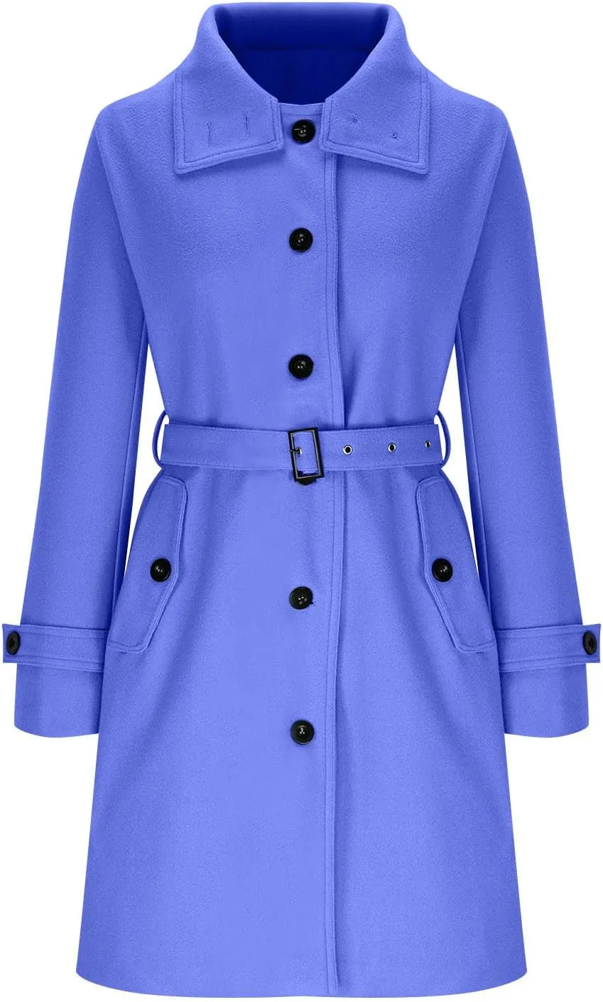 YRAETENM Wool Coats for Women Single Breasted Stand Collar Trench Coat Business Casual Midi Long Winter Pea Coats with Belt