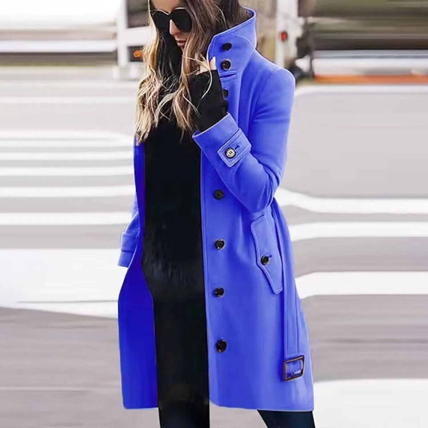 YRAETENM Wool Coats for Women Single Breasted Stand Collar Trench Coat Business Casual Midi Long Winter Pea Coats with Belt