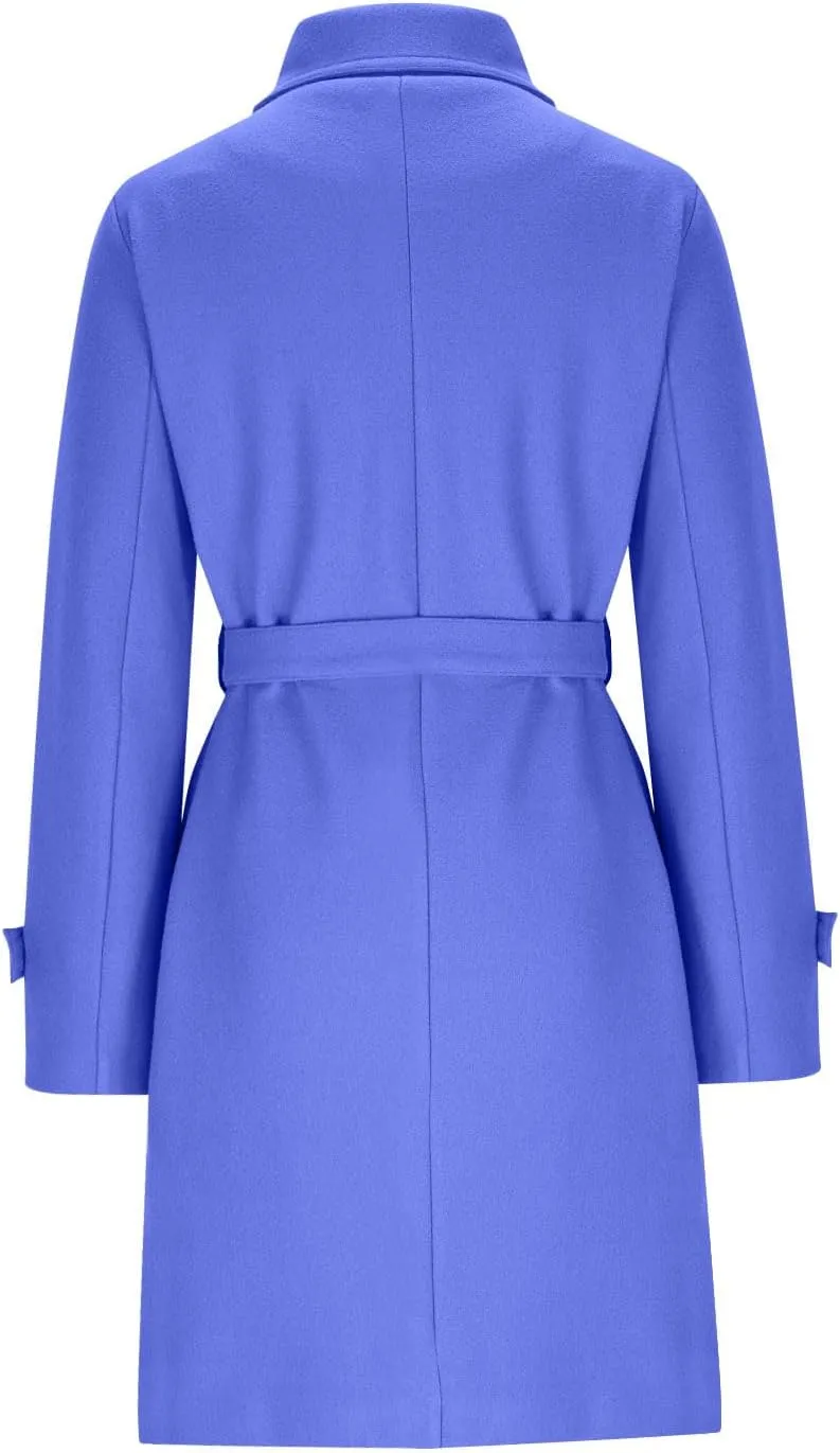 YRAETENM Wool Coats for Women Single Breasted Stand Collar Trench Coat Business Casual Midi Long Winter Pea Coats with Belt
