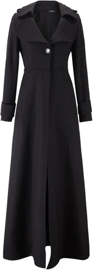 YRAETENM Wool Coats for Women Winter Lapel Slim Fit One Button Trench Coats Classic Maxi Long Pea Coats Outwear with Pockets