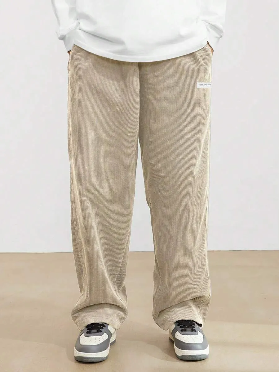 ZAFUL Mens Corduroy Straight Leg Pants Long Solid Elastic Waist Casual Pants Loose Fit Going Out Pants with Pockets