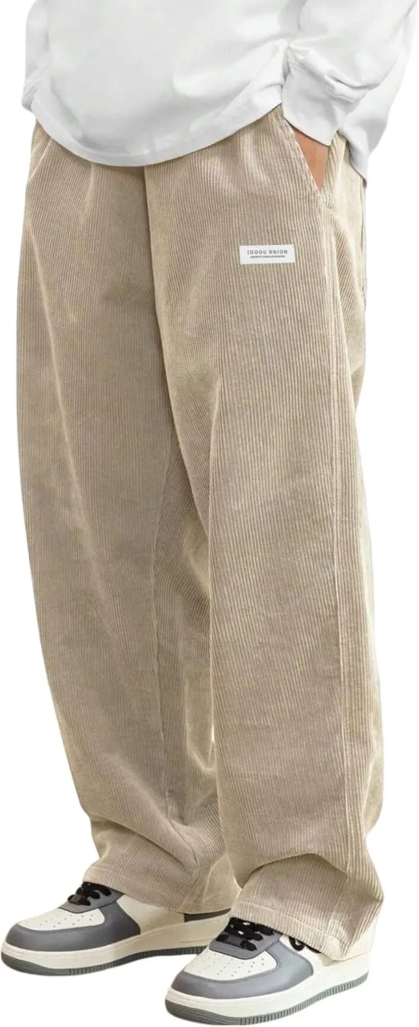 ZAFUL Mens Corduroy Straight Leg Pants Long Solid Elastic Waist Casual Pants Loose Fit Going Out Pants with Pockets
