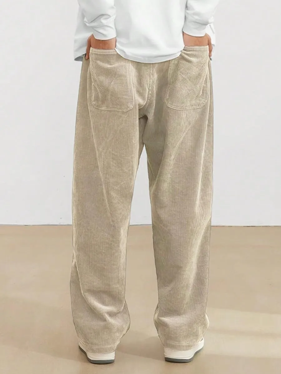 ZAFUL Mens Corduroy Straight Leg Pants Long Solid Elastic Waist Casual Pants Loose Fit Going Out Pants with Pockets